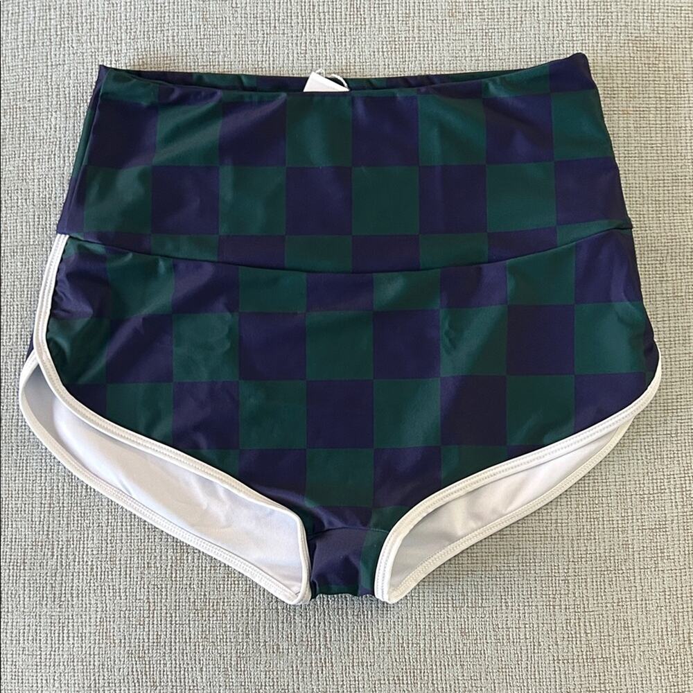 NEW Salt Gypsy Betty High-Waisted Boyshort Surf Bottoms green blue check white
